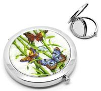CKB Ltd ? 1 x TRIPLE Butterfly Mother of Pearl Effect Make Up Pocket Compact Mirror cosmetic Art Deco Bamboo Stick Leaf Pattern 7.7x7cm (3"x2-3/4"),