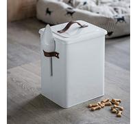 CKB LTD Boîte de rangement de nourriture pour animal domestique avec pelle pour contenir des friandises pour chien ou chat Couvercle hermétique Poignée en cuir En acier couleur craie - 7 kg