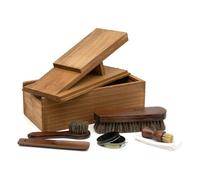 CKB LTD Kit de soin pour chaussures - Ensemble cadeau portable en bois avec boîte de polissage pour cuir, brosse applicatrice, brosses de polissage, tampon, chausse-pied, polish noir et chiffon de
