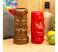 CKB LTD Tiki Lot de 2 grands gobelets colorés en céramique pour cocktail, fête hawaïenne, Luau, gobelets décoratifs (marron et rouge)