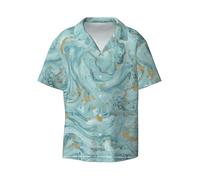 CKGODGF Azurite Teal and Foil Gold Oil Marble Pattern Print Men's Short Sleeve Button Down Summer Beach Casual Shirt Casual Loose Shirt Dress Shirts, Noir , S