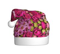 CKGODGF Chapeau de Noël tendance et unique imprimé roses en herbe, chapeau de Père Noël rétro, chapeau classique en peluche pour fête du Nouvel An