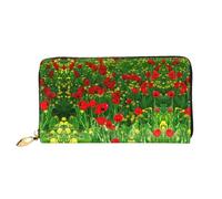CKGODGF Portefeuille en cuir pour femme avec fermeture éclair et fermeture éclair Motif paysage de coquelicot rouge