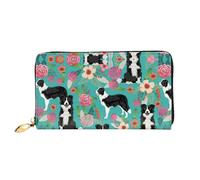 CKGODGF Portefeuille long en cuir imprimé floral Border Collie pour homme et femme avec fermeture éclair, convient pour les voyages