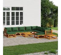 CKioict Banc de jardin, fauteuil d'extérieur 12 pièces, avec coussins verts, en bois massif, pour jardins, terrasses, balcons