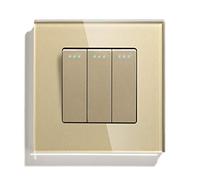CKryzillix Interupteur Murale 3 Gang 1 Way 2 Push Bouton Switch Standard Home Commutateur Noir Blanc Golden avec Panneau de Verre à Cristal pour la Maison(Golden,1WAY_1)