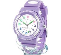 CKV Montre analogique pour enfants de 5 à 12 ans, étanche pour apprendre à lire l'heure, facile à lire, montre pour enfants avec bracelet souple, violet, study-time