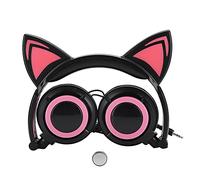 CL107 Casque pliable à oreilles de chat avec micro USB et lumière LED, casque audio sans fil pour PC et téléphone mobile, haut-parleur de 40 mm, écouteurs en cuir PU confortables (Noir Rouge)
