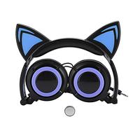 CL107 Casque pliable à oreilles de chat avec micro USB et lumière LED, casque audio sans fil pour PC et téléphone mobile, haut-parleur de 40 mm, écouteurs en cuir PU confortables (Noir Bleu)