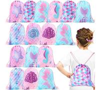 Clabby 16 Pcs Sacs de Faveur de Fête de Sirène Sachets à Cordon de Sirène à Dos de Bonbons Cadeaux de Poisson Anniversaire en Vrac Sacs de Friandises de l'Océan sous la Mer 25 x 30 cm