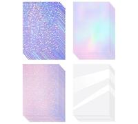 Clabby 36 Feuilles de Papier Autocollant Holographique en Vinyle A4 Transparent Film Auto-Adhésif Imperméable, 11,7 x 8,3 Pouces(Gemme, Arc-en-ciel, Étoile, Transparent)