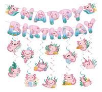 Clabby Lot de 27 décorations de fête d'anniversaire Axolotl « Happy Birthday » - Bannière de salamandre - À suspendre au plafond - Rose - Animaux mignons - Décoration pour reptiles - Fournitures de
