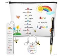 Clabby Set de 4 Pièces Cadeaux Fin d'Année Maitresse Trousse de Maquillage Marque Page Merci de M'aider à Grandi Porte Clef Stylo Cadeau Personnalisé pour Atsem Maternelle Enseignant École(Maitresse)