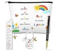 Clabby Set de 4 Pièces Cadeaux Fin d'Année Maitresse Trousse de Maquillage Marque Page Merci de M'aider à Grandi Porte Clef Stylo Cadeau Personnalisé pour Atsem Maternelle Enseignant École(Atsem)