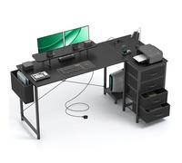 Claiks Bureau d'angle avec 4 Tiroirs,160x80x75 cm Bureau en L avec Prises de Courant et Ports de Charge USB, Table avec Support d'écran und Poche de Rangement latérale pour dans Un Grand Bureau, Noir