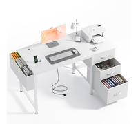 Claiks Bureau Tout-Terrain avec 3 tiroirs en Tissu, Table d'ordinateur avec 2 Prises de Courant et Ports USB (Blanc, 120x60x75.5cm)