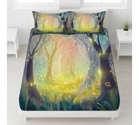 Clair Doux Respirant Drap Housse Forêt Arbres Herbe Lucioles Imprimé Drap Housse Anime Conte de fées Magique Lavable Fantaisiste Onirique Ajustable Drap de lit 180 x 200 x 30 pour Garçons & Filles