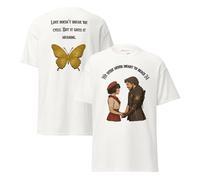 Clair Obscur 33 Fan Shirt - T-shirt double face en coton avec citations émotionnelles pour joueurs de RPG, « We were Never Meant to Reach 34 » devant et dos papillon, blanc, XL