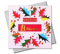 Claire Giles Carte de Noël galloise avec houx brillant, texte doré brillant