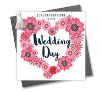 Claire Giles Greeting Cards, Carte de félicitations de mariage avec motif cœur et fleurs ornées d'un pompon coloré