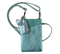 Clairefontaine 115952C - Lot Pochette Pour Téléphone Portable En Cuir + Porte Cartes en Cuir + Porte Clés en Cuir Bleu indigo Irisé et Vert Sapin / Petite Sacoche Pour Téléphone Sac Bandoulière Femme