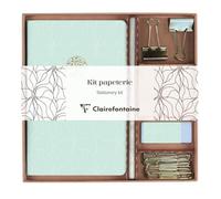 Clairefontaine 116095C - Un Kit de Papeterie contenant un Carnet 11x17 cm 64 Pages Lignées Papier Ivoire 90g, un Crayon de Papier, 2 Pinces doubles-clip, 10 Trombones et une Gomme - Collection Inspire