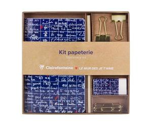 Clairefontaine 116328C Un Kit de Papeterie contenant un Carnet 11x17cm 64 Pages Lignées, un Crayon de Papier, 2 Pinces double-clip, 10 Trombones et une Gomme Collection Le Mur des Je t'aime Montmartre