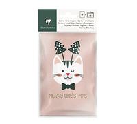 Clairefontaine 202068C - Un Paquet De 6 Cartes De Voeux Avec Enveloppes - Thème : Chat, Rose Et Vert, Joyeux Noël, Merry Christmas - Idéal Pour : Cartes De Voeux, Fêtes De Fin d'Année