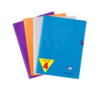 Clairefontaine 293362AMZ Lot de 4 Cahiers Agrafés Mimesys - 24x32 cm - 96 Pages Petits Carreaux - Papier Blanc 90 g - Couvertures Polypro Couleurs Assorties (Bleu, Incolore, Orange et Violet)
