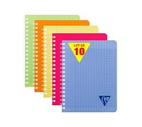 Clairefontaine 328715C Collection Linicolor Fresh Lot de 10 Cahiers à Spirale - 17x22 cm - 100 Pages Grands Carreaux - Papier Blanc 90 g - Couverture Polypro Transparent - Couleurs Aléatoires