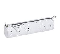 Clairefontaine 400061C -Trousse Scolaire Ronde motif Tâches d'encre Argentées Ø5,5x22 cm en Véritable Cuir d'Agneau - Fourniture Scolaire - Trousse Crayons de Couleurs - Etui à Crayons - Porte-Plume