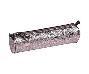 Clairefontaine 410029C -Trousse Scolaire Ronde Rose Effet miroir craquelé Ø5,5x22 cm en Véritable Cuir d'Agneau - Fourniture Scolaire - Trousse Crayons de Couleurs - Etui à Crayons - Porte-Plume