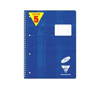 Clairefontaine 68256C - Paquet de 5 cahiers scolaires DIN A4+ 22,5x29,7 cm, 160 pages, 90g, Réglure 27 lignée en continu avec 2 marges, perforé 4 trous, reliure intégrale, bleu, 1 paquet