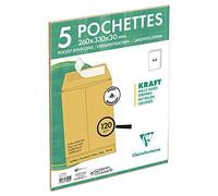 Clairefontaine 74545C - Paquet de 5 Pochettes Kraft Brun E4-260x400 mm avec Soufflet de 30 mm - Auto-Adhésives - 120g/m²