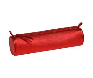 Clairefontaine 8709C - Trousse Scolaire Ronde Rouge Effet irisé Ø5,5x22 cm en Véritable Cuir d'Agneau