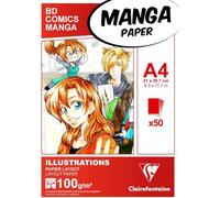 Clairefontaine 94042C Bloc Encollé Papier Manga et Illustration - 50 Feuilles Blanc Extra Lisse A4 21x29,7 cm 100g - idéal pour le Dessin au Feutre à Alcool