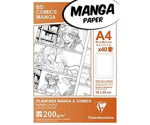 Clairefontaine 94045C Étui Manga et Multi-techniques - 40 Feuilles Papier Dessin Blanc Lisse A4 21x29,7 cm 200g - Papier imprimé avec une Graduation Simple - Idéal pour le Dessin au Feutre à Alcool