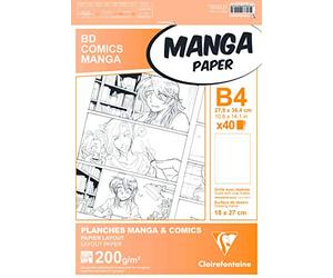 Clairefontaine 94048C Étui Manga et Multi-techniques - 40 Feuilles Papier Dessin Blanc Lisse B4 27,5x37,4 cm 200g - Papier imprimé avec une Grille divisée en 6 Cases - Idéal pour les Feutre à Alcool