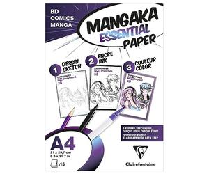 Clairefontaine 94050C - Pochette Mangaka Essential Paper - 15 Feuilles - 3 papiers Manga assortis - A4 - Idéal pour la découverte du dessin Manga