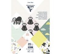 Clairefontaine 95280C - Bloc de 20 Feuilles à Motifs en Papier Cartonné 200g + Stickers Alphabet + Étiquettes à découper - Format A5 (14,8x21cm) - Papier Scrapbooking Loisirs Créatifs - Paresseux