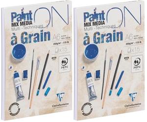 Clairefontaine 960063C Bloc Collé PaintON Multi-techniques à Grain A6 10,5x14,8 cm 250g - 15 Feuilles Papier Dessin Multi-techniques au Grain Prononcé - Blanc (Lot de 2)