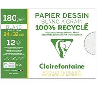 Clairefontaine 96144C - Pochette Dessin Scolaire - 12 Feuilles Papier Dessin Blanc à Grain 100% Recyclé - 24x32 cm 180g - Idéal pour les Arts Plastiques