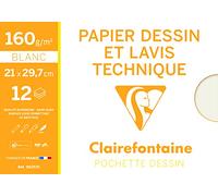 Clairefontaine 96257C - Pochette Dessin Scolaire - 12 Feuilles Papier Dessin Blanc Lisse - A4 21x29,7 cm 160g - Idéal pour le Dessin Technique et le Lavis