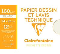 Clairefontaine 96277C - Pochette Dessin Scolaire - 12 Feuilles Papier Dessin Blanc Lisse - 24x32 cm 160g - Idéal pour le Dessin Technique et le Lavis