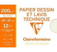 Clairefontaine 96278C - Pochette Dessin Scolaire - 12 Feuilles Papier Dessin Blanc Lisse - 24x32 cm 200g - Idéal pour le Dessin Technique et le Lavis