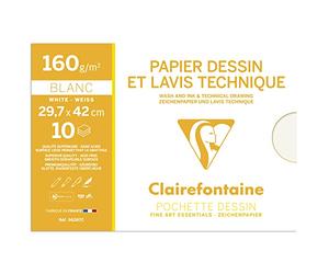 Clairefontaine 96287C - Pochette Dessin Scolaire - 10 Feuilles Papier Dessin Blanc Lisse - A3 29,7x42 cm 160g - Idéal pour le Dessin Technique et le Lavis