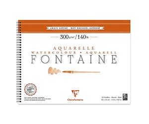Clairefontaine 96364C Album Spiralé Fontaine - 12 Feuilles Papier Aquarelle Blanc 100% Coton Grain Satiné Qualité Professionnelle 30x40 cm 300g