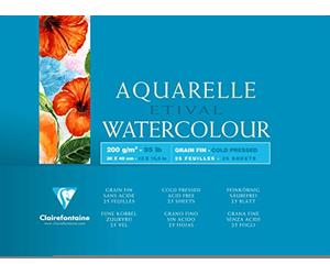 Clairefontaine 96455C Bloc Encollé 4 Côtés Etival - 25 Feuilles Papier Aquarelle Blanc 100% Cellulose Grain Fin Qualité Étude 30x40 cm 200g