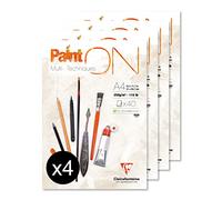Clairefontaine 96537Cpack - Bloc Collé PaintON Multi-techniques - 40 Feuilles Papier Dessin Multi-techniques au Grain Très Léger - Blanc - A4 21x29,7 cm 250g - Paquet de 4 Blocs