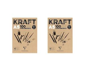 Clairefontaine 96544C Bloc Encollé Papier Kraft - 100 Feuilles Papier Kraft Vergé Brun A5 14,8x21 cm 90g - Papier Double Face pour le Croquis et le Dessin (Lot de 2)